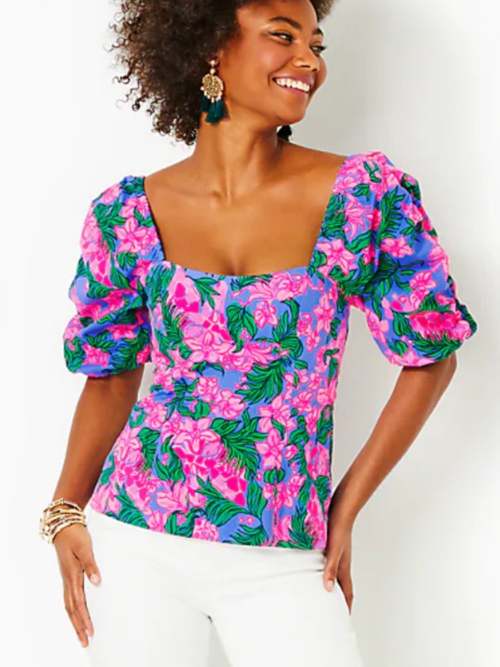 Lilly Pulitzer Pink & Blue Floral Square-Neck Puff Sleeve Top